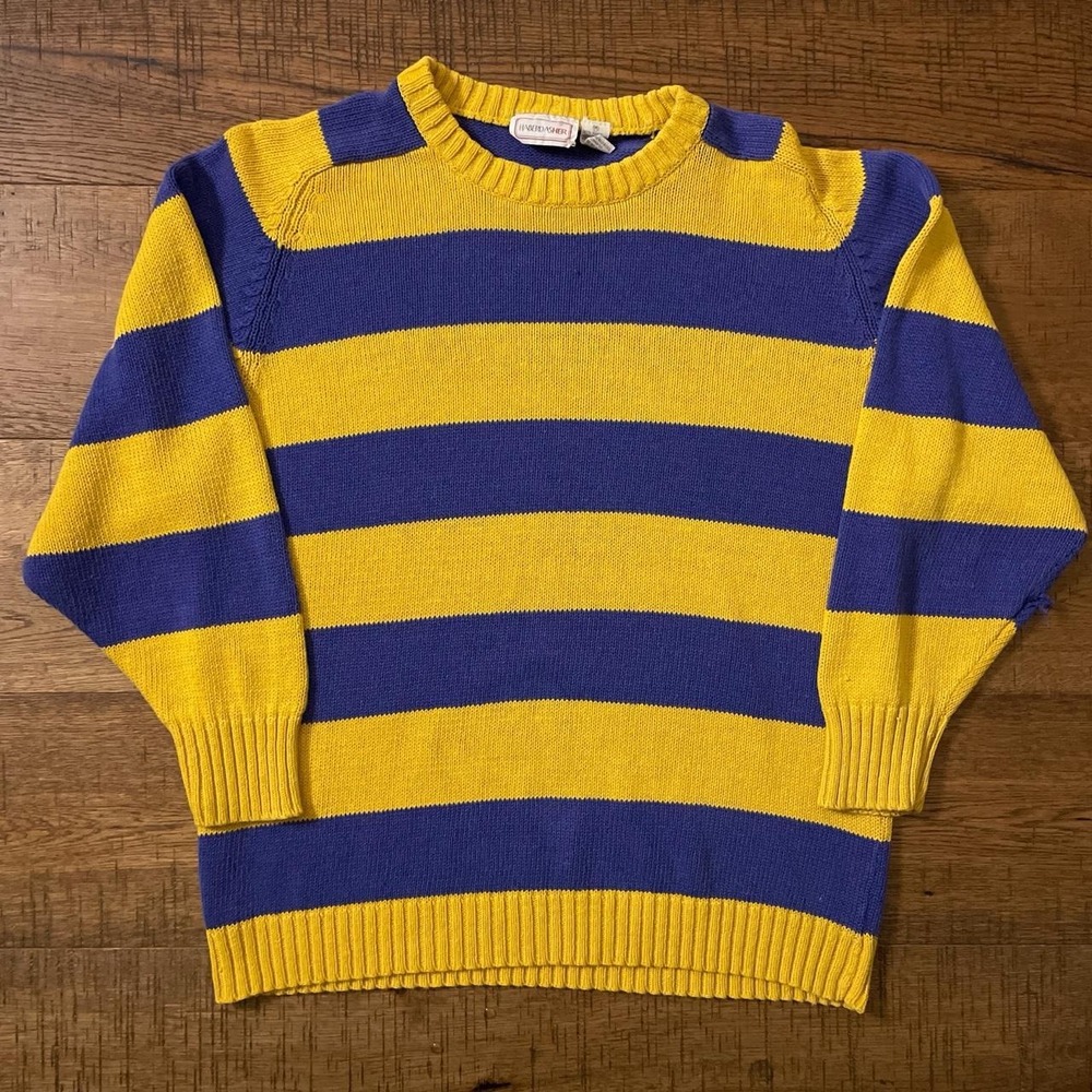 Haberdasher Striped Sweater Womens M Yellow Blue Clowncore Indie Vintage 80s
